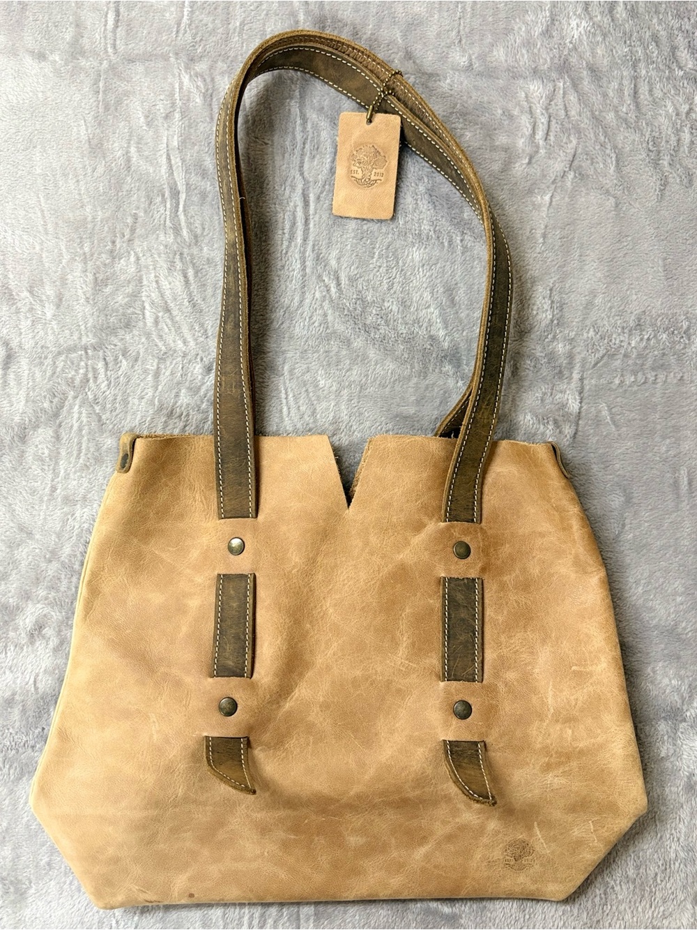 Tan Leather Tote Bag with Contrasting Dark Straps